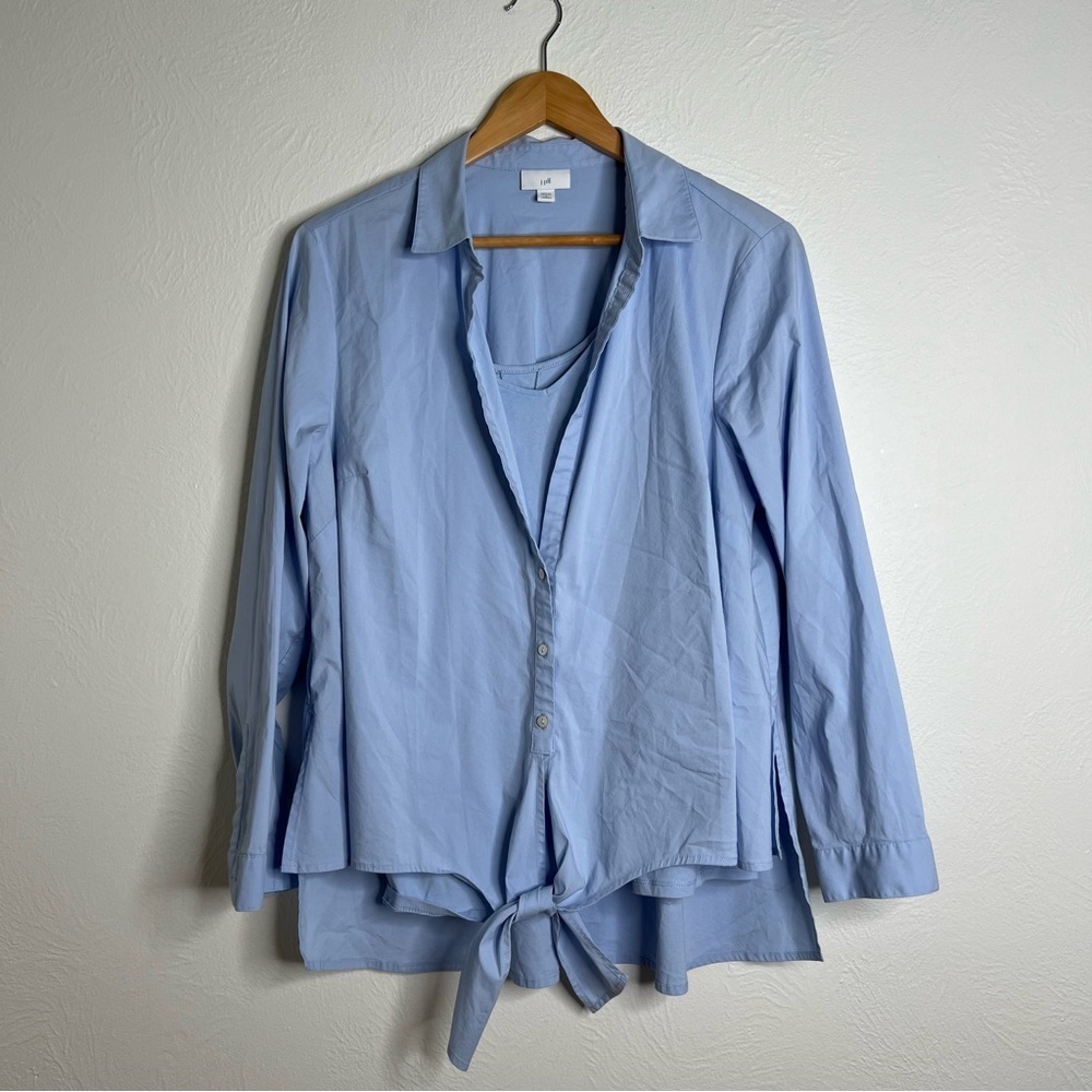 J Jill Two Piece Blouse Cami Set Blue Cotton Blend Button Down Tie Front Size 1X